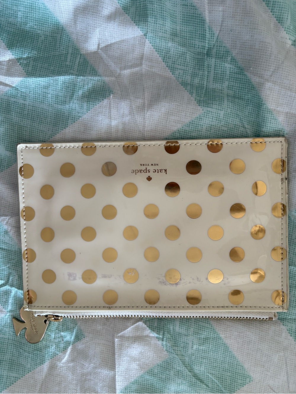kate spade White and Gold Polka Dot Zip Wristlet